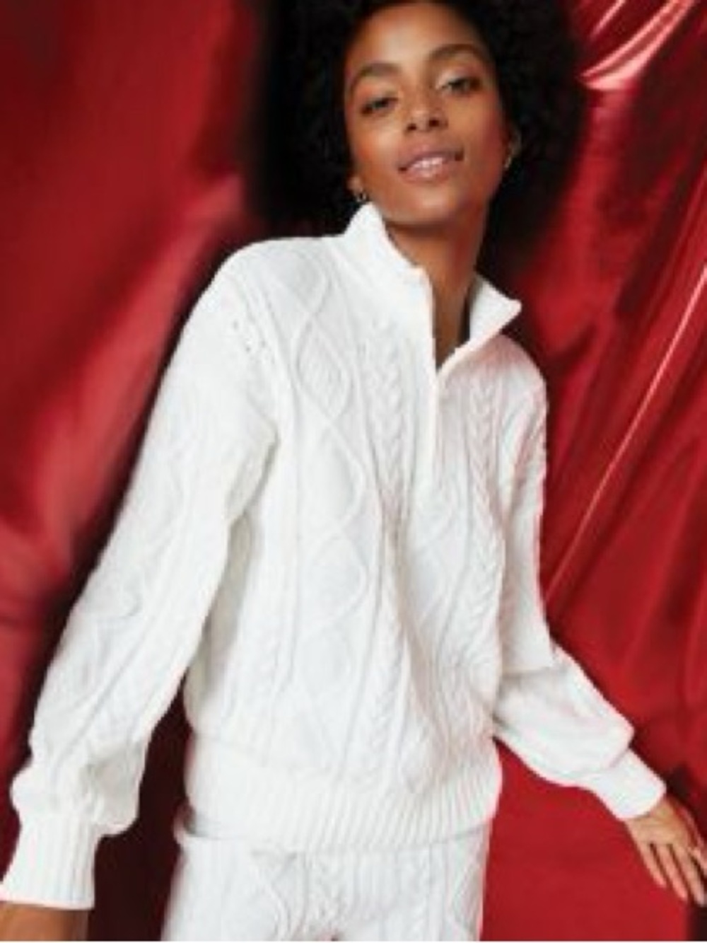 PJ Salvage White Cable-Knit Half-Zip Turtleneck Sweater